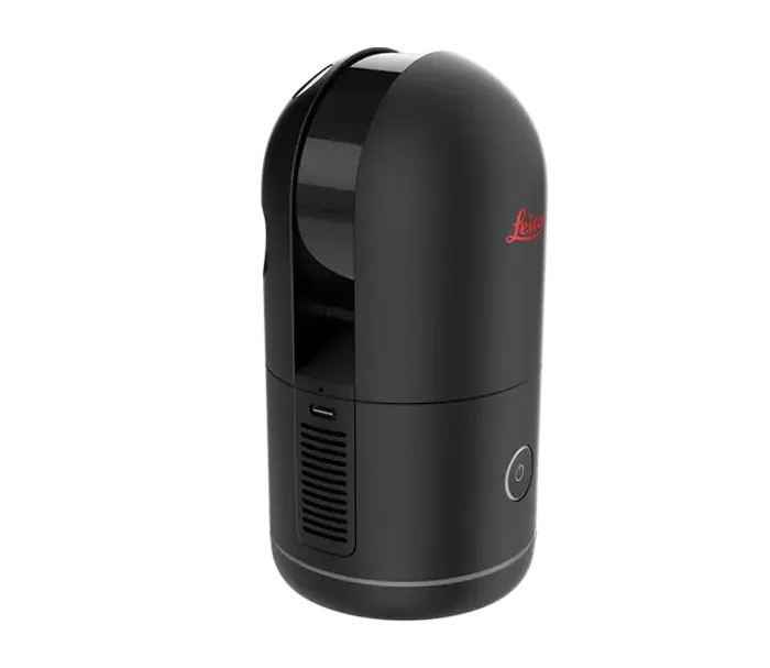 Leica BLK360 kompakt laserskanner i svart, sett fra siden med USB-C-port