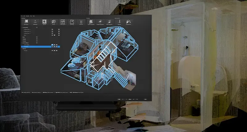 PinPoint på skjerm med 3D-modell av en bolig laget fra punktsky