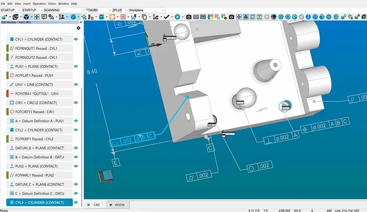 PC-DMIS med målerutine og GD&T-merking på en CAD-modell