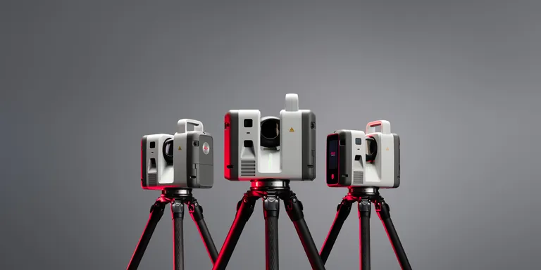 Tre Leica RTC-laserskannere på stativ mot grå bakgrunn