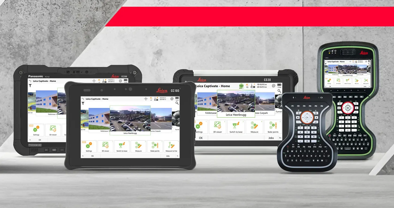Leica feltkontrollere og nettbrett CC200, CC180, CS30 og CS20 med Captivate-programvaren på skjermen