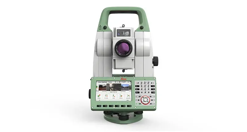 Leica TS16 robotisk totalstasjon sett forfra med Captivate-skjerm og tastatur