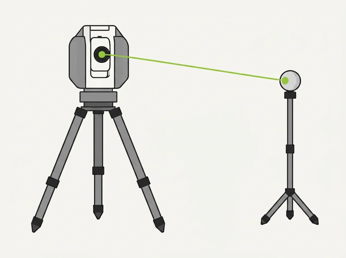 Illustrasjon: tekniker setter opp en lasertracker koblet til programvare i en fabrikkhall