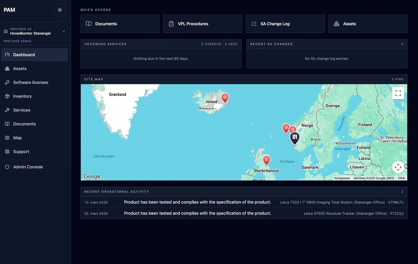 PAM-dashbord i mørk modus med snarveier, kommende service, kart over lokasjoner i Norden og siste aktivitet