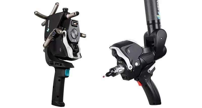 Absolute Scanner AS1 med pistolgrep for lasertracker og montert på Absolute Arm