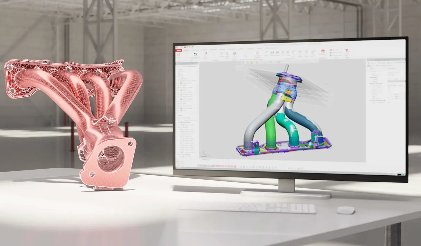 Mesh av en eksosmanifold ved siden av en skjerm der Geomagic Design X bygger en CAD-modell av delen