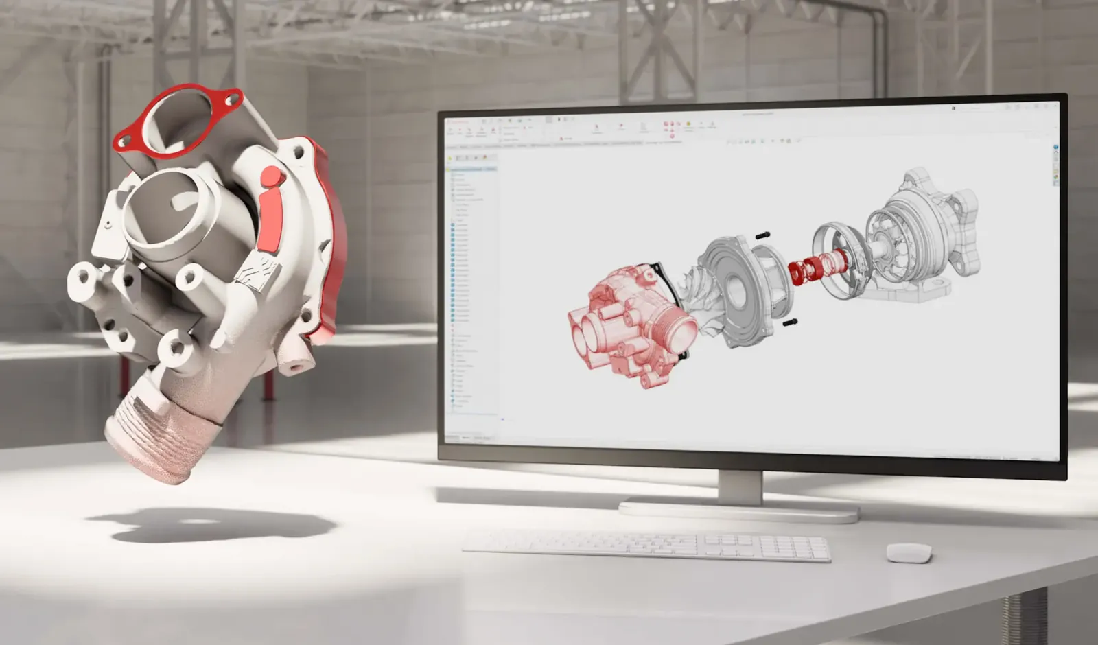 Skannet turbohus ved siden av en skjerm som viser delen som 3D-modell i sprengskisse